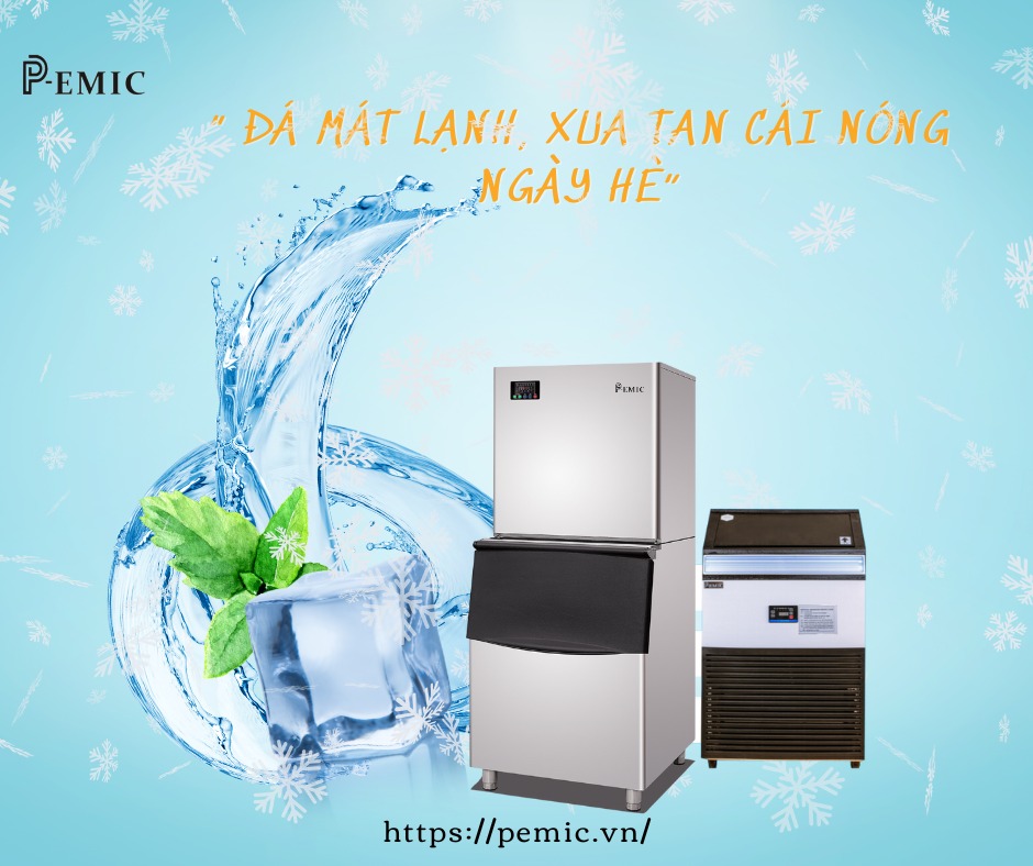 Máy làm nước đá P-EMIC có một hệ thống ống dẫn nước thông qua bộ lọc nước.